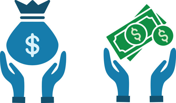 Illustrazione vettoriale di icone con mani che raccolgono banconote e denaro che cade dal cielo. Ideale per concetti di ricchezza, guadagno, business, finanza e successo economico.
