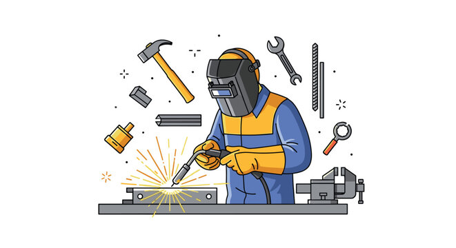 A professional welder wearing a safety mask operates a welding torch on a steel component within a workshop setting, illustrated in a vibrant color palette.