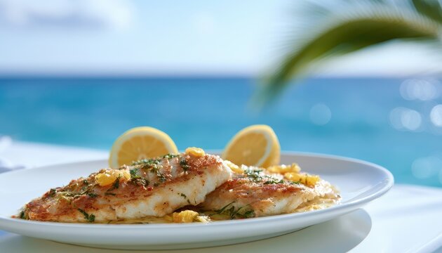 Pan seared white fish fillet seasoned with fresh herbs and citrus slices served on a white plate with a blurred tropical ocean background in a bright outdoor setting