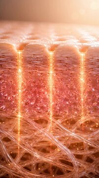 Golden regenerative light streams passing through skin layers with glowing cellular texture, futuristic cosmetic treatment, beauty science, anti aging skincare concept.