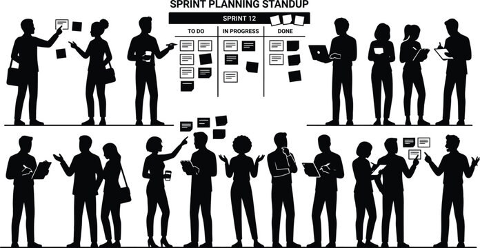Team sprint planning meeting illustration isolated on white background, Vector