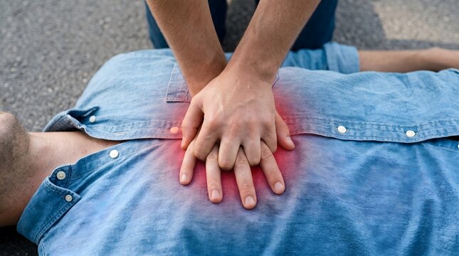 Executing life-saving cardiac compressions on an unresponsive victim to restore vital circulation, highlighting the urgency of emergency medical training.