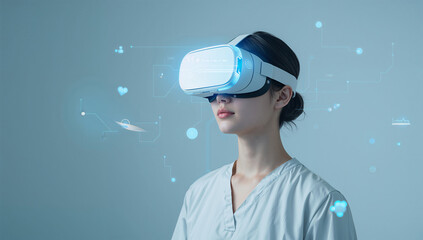 医療訓練を思わせる空間でVR体験を行う若者のポートレート © bephoto