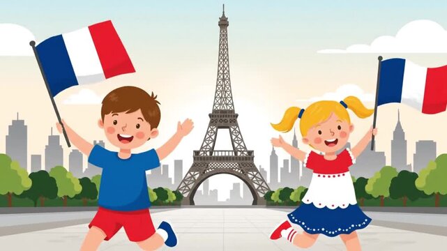 Children celebrate Bastille Day in Paris with Eiffel Tower