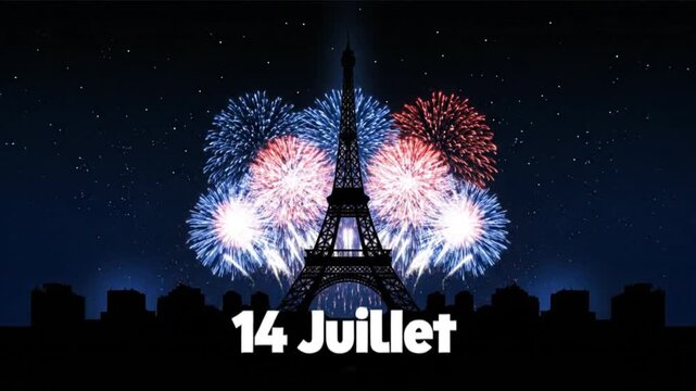 Fireworks explode over Eiffel Tower on Bastille Day in Paris at night