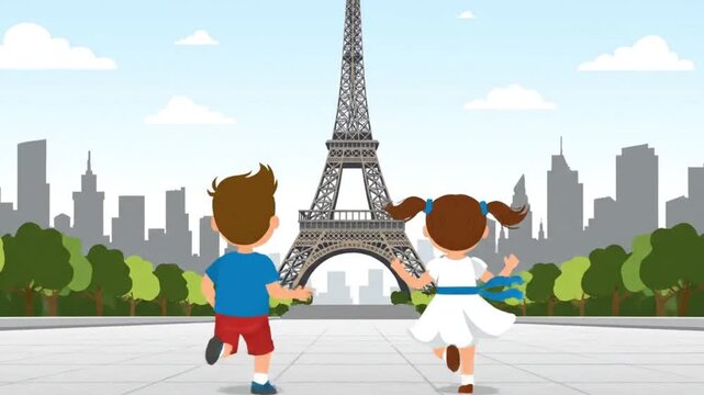 Children running towards Eiffel Tower on Bastille Day in Paris cityscape