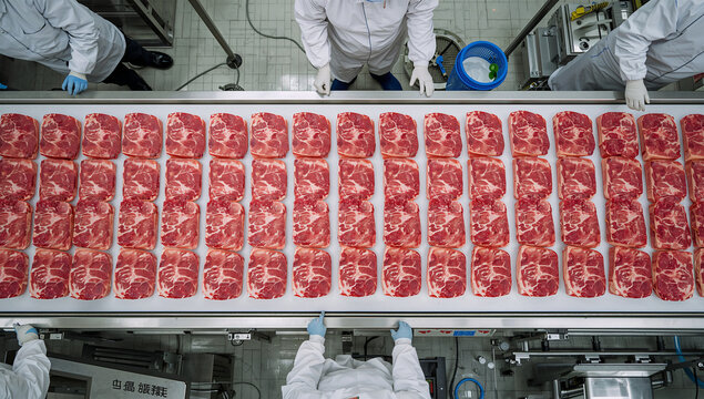真上から見た食肉工場の整然とした牛肉加工ライン