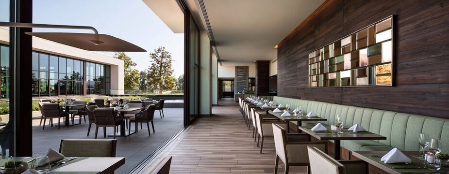 Contemporary restaurant interior and outdoor patio providing elegant dining experience, featuring upscale design, wood paneling, and comfortable seating