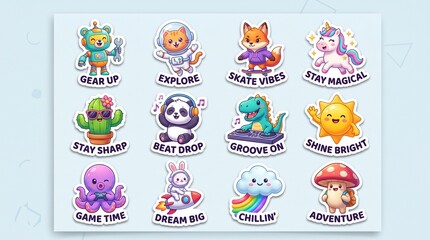 Obraz premium Collection of cute stickers featuring various cartoon animals and objects with inspirational phrases on a soft background