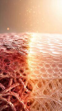 Close up comparison of damaged and smooth glowing skin layers with golden regeneration effect, cosmetic recovery concept, futuristic beauty science, dermatology treatment.