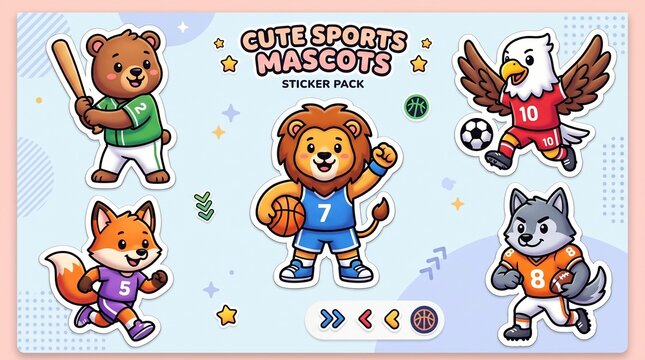 Cute sports mascots sticker pack featuring animals in uniform playing various sports together