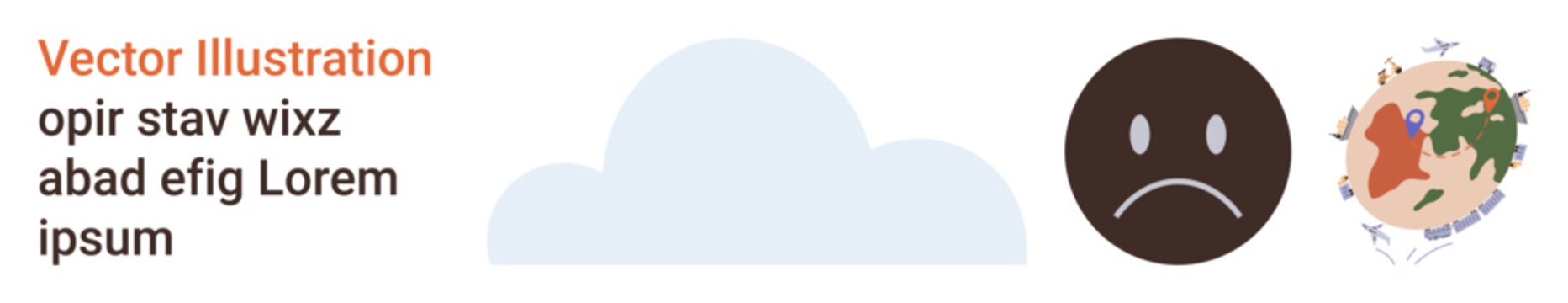 Emotional expression, environmental awareness, global issues, meteorology, ecological impacts, sustainability topics. A sad face, cloud and Earth map. Emotional expression and environmental