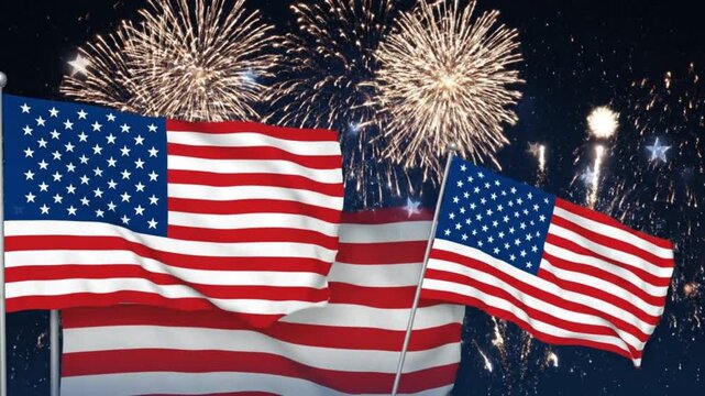 Vibrant night sky celebration with waving national flags and sparkling fireworks display