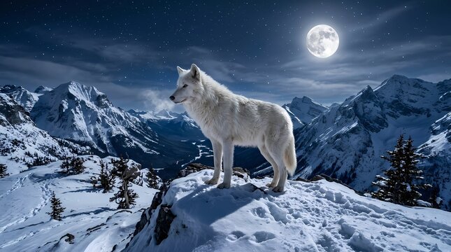 White wolf howling at the moon in snowy winter arctic forest wildlife scene