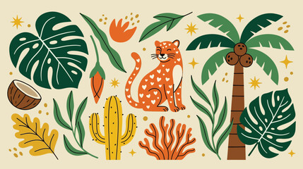 Tropical Jungle Elements with Leopard and Exotic Flora © Raheela