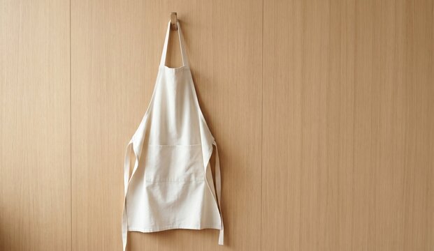 Blank natural canvas apron mockup hanging on a wooden wall