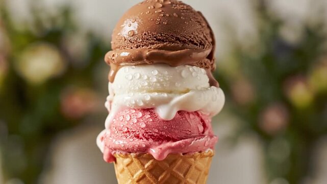 Delicious melting triple scoop ice cream cone on a warm day, a refreshing dessert treat.