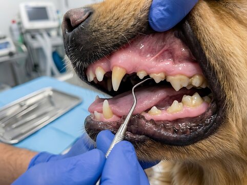 Close up of dog teeth examination with dental probe and blue gloves image