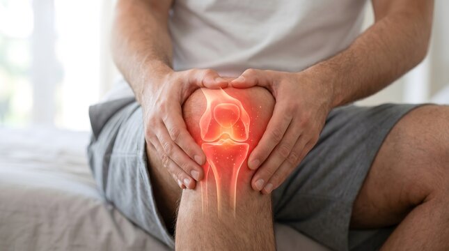 Sterile clinical examination setting highlighting acute knee joint inflammation and patellar pain for orthopedic pharmaceutical marketing media.