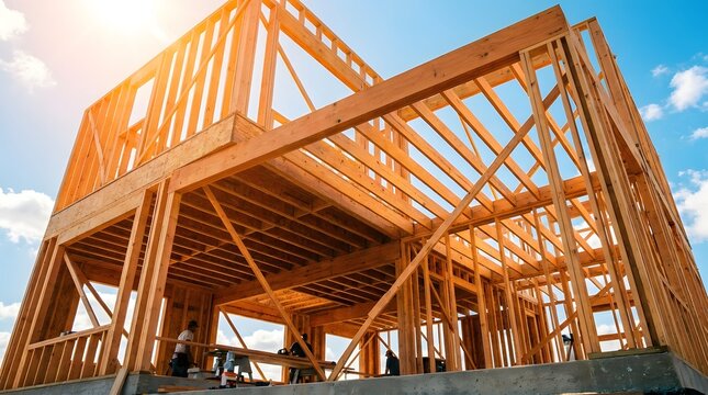 Residential construction framing a new two story house under sunny skies