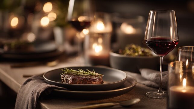 Cozy candlelight glows softly on elegant table. Rosie steak rests on dark plate, garnished with fresh herb. Glass of red wine gleams beside serving dish. Warm ambiance evokes intimacy, romance