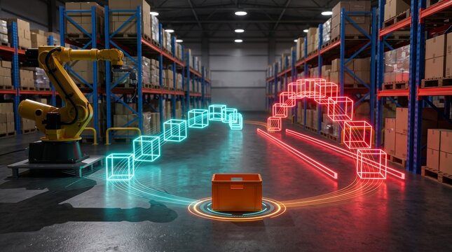 Warehouse robotics and smart logistics with holographic data flow and automated inventory