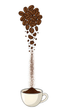 Detailed sketch of coffee beans crushing into powder over an espresso cup