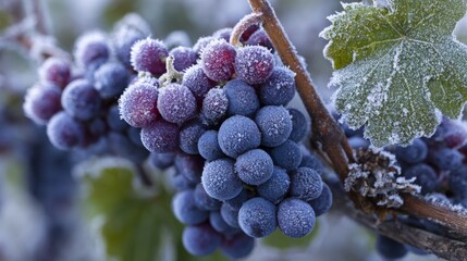 Obraz premium Frost clings to deep purple grapes on a vine. Leaves glisten with icy dew. Branches twist gently in the cold air. Nature's quiet stillness after frost. Perfect for seasonal imagery or harvest themes