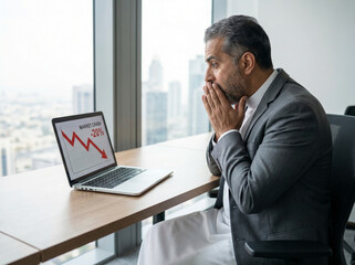 Naklejka premium Arab Businessman Shocked at Laptop Showing Stock Market Crash – Dramatic Investor Reaction to Financial Loss, Ultra Realistic Office Scene, Close-Up and Wide Shot