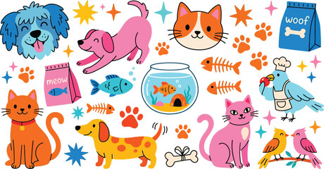 Obraz premium Hand-Drawn Vector Collection of Dogs, Cats, Birds, and Fish