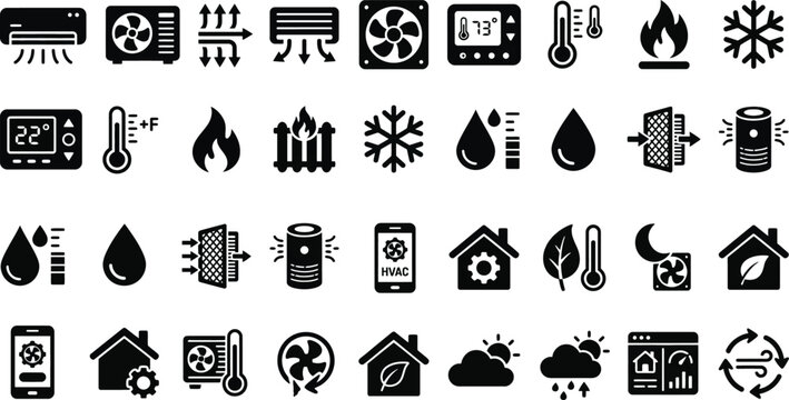 HVAC and Climate Control Glyph Icon Set with Air Conditioning Heating Ventilation and Smart Home Vector Collection