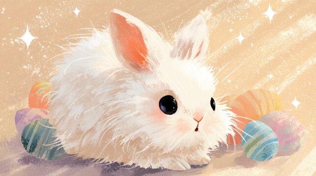 Soft white rabbit cuddles gently beside colorful eggs. Tiny ears perk upward as big dark eyes gaze softly. Glowing sparkles float in warm golden-hued background. Pastel tones evoke calm, sweet