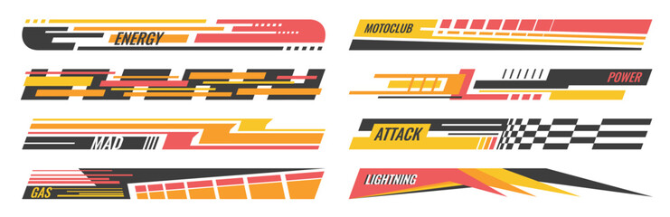 Yellow red racing decal. Sport speed line stickers car rally wrap, motorcycle track graphics. Decorative vector motorsport elements checkered flag stripes graphic design. © Azat Valeev