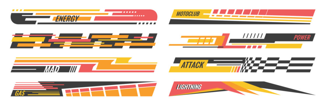 Yellow red racing decal. Sport speed line stickers car rally wrap, motorcycle track graphics. Decorative vector motorsport elements checkered flag stripes graphic design.