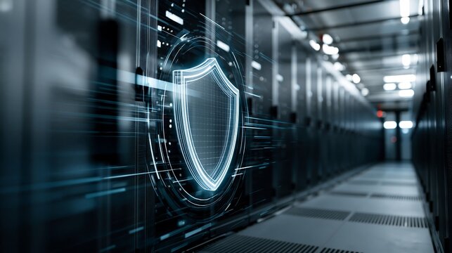 Digital shield interface inside data center corridor. Cyber defence concept, network firewall protection, secure server infrastructure, encrypted data environment, IT security system