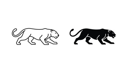 Prowling panther wild big cat icon set featuring detailed outline and solid black silhouette versions for sports team mascots brand identity and wildlife conservation graphic design elements © Deshi