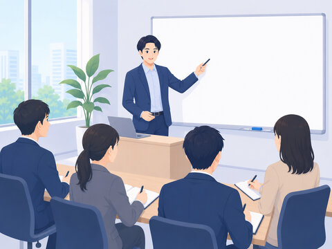新入社員研修を受ける若手社員のフラットイラスト