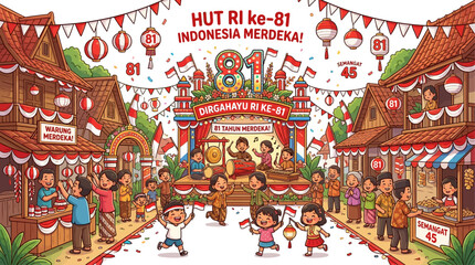 Fototapeta premium Cartoon village festival celebrating Indonesia's 81st Independence Day with red and white decorations, lanterns, music, and happy children playing in the streets with a large '81'