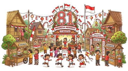 Fototapeta premium Cartoon village festival celebrating Indonesia's 81st Independence Day with villagers decorating streets with red and white ornaments, lanterns, and music performances, featuring happy