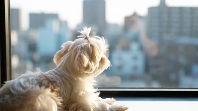 Small white dog looking out of an apartment window waiting for its owner to return home.