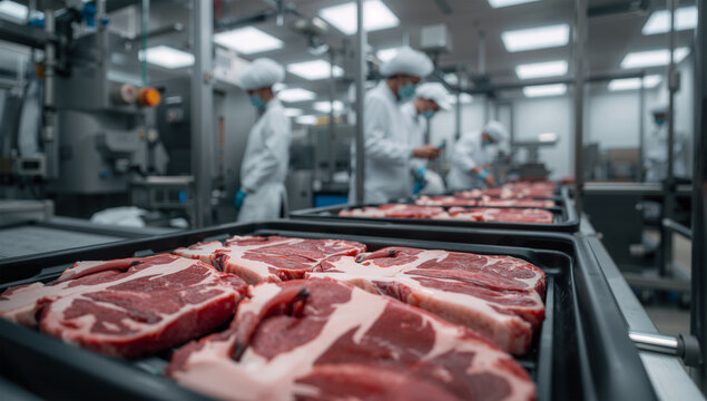 牛肉をトレー包装する工程を捉えた食肉工場の生産ライン写真
