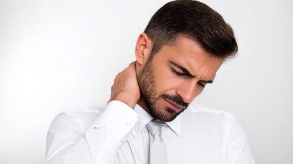 Obraz premium Man holds his neck, showing discomfort