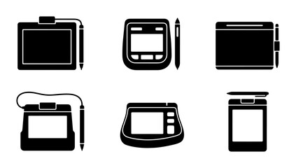 Graphic design tablet icons set, digital drawing pad with stylus pen silhouettes, 6 vector illustrations for creative software and art tools © Farjana