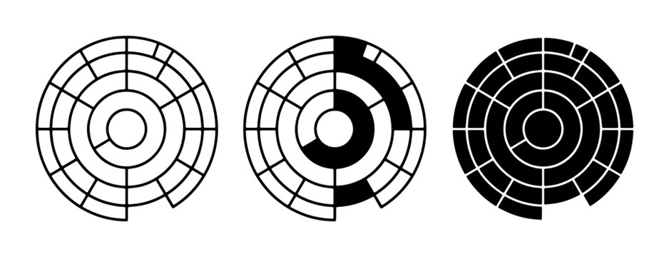 Abstract circular labyrinth vector set, geometric maze icons in black and white, minimalist round puzzle design elements for UI and branding