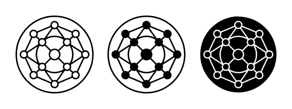 Geometric molecular structure icons, abstract network connection symbols, set of 3 circular science and technology vector logos for branding