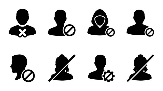 Black user block icons set, restricted profile avatar symbols, 8 vector elements for account ban and member access denial, security interface graphics
