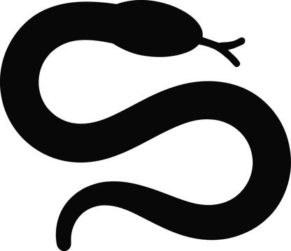 Simple black silhouette of a curved snake with a forked tongue, representing a reptile, serpent, wildlife, nature, or dangerous animal, isolated on a clean white background, for use