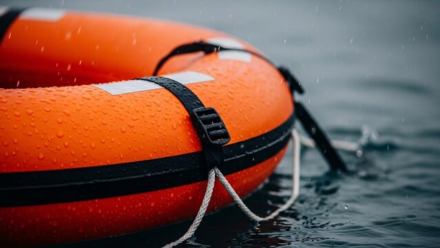Close-up of Bright Orange Life Raft Floating on Calm Water with Safety Straps and Ropes for Emergency Rescue and Water Safety Preparedness