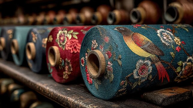Intricately embroidered fabric rolls featuring birds and floral patterns arranged on a shelf