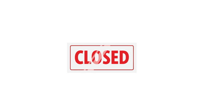 A minimalist red border rectangular signage frame displaying the bold word closed centered in a flat style against a stark and plain white studio backdrop environment.